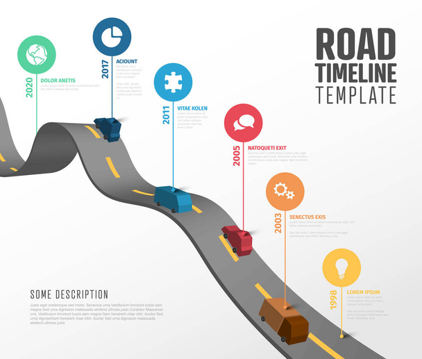 Временной шаблон векторной инфографической компании как дорога с простыми автомобилями с указателями на изогнутой дорожной линии, указывающими на краткое описание названия и значка  - Вектор,изображение