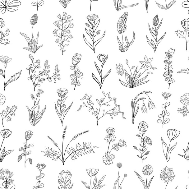 Hand drawn seamless pattern of blooming flowers and leaves. Floral summer collection. Decorative doodle illustration for greeting card, wallpaper, wrapping paper, fabric, packaging - Vector, Image
