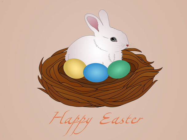 illustration of cartoon rabbit sitting in nest with chicken eggs near happy easter lettering isolated on beige - Vector, Image