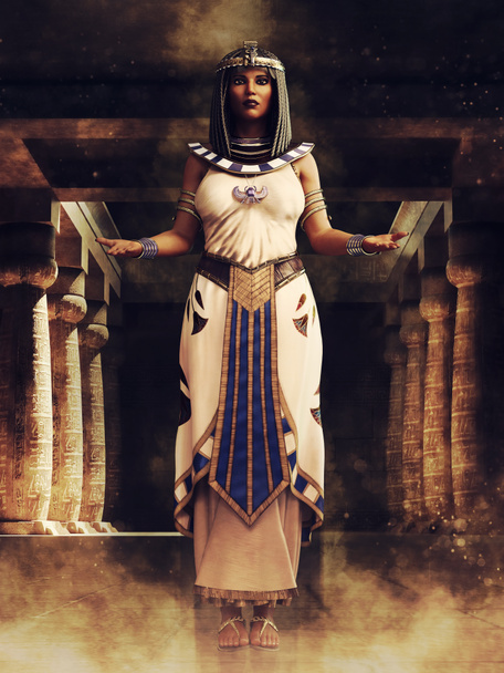 Ancient Egyptian priestess standing in a welcoming pose in front of an old temple. 3D render. - Photo, image