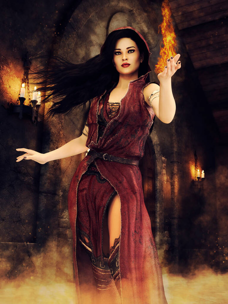 Scena fantasy con una giovane strega che tiene in mano una fiamma e si trova in un corridoio del castello. Rendering 3D. - Foto, immagini