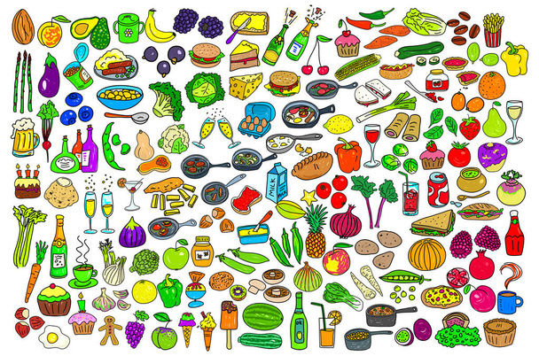 A massive collection of mixed food doodle items including fruit, vegetables, meals, snacks and drinks. - Vector, Image