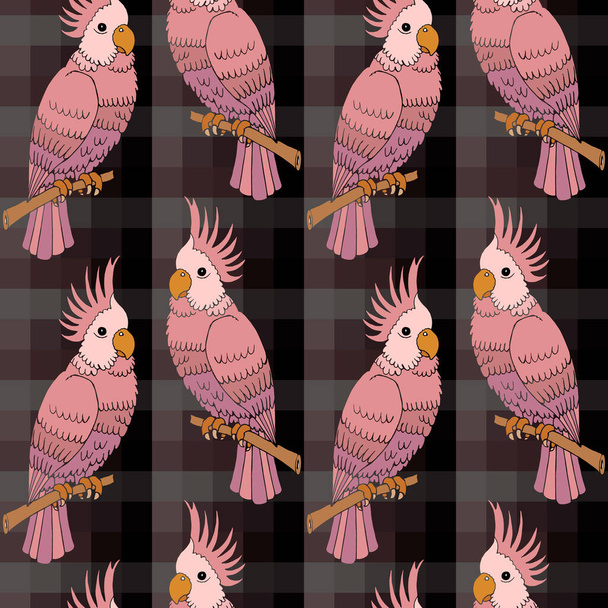 Naadloos patroon, met de hand getekend kleurrijke roze papegaaien op een donkere geblokte achtergrond. Print, textiel, behang, slaapkamer decor - Vector, afbeelding