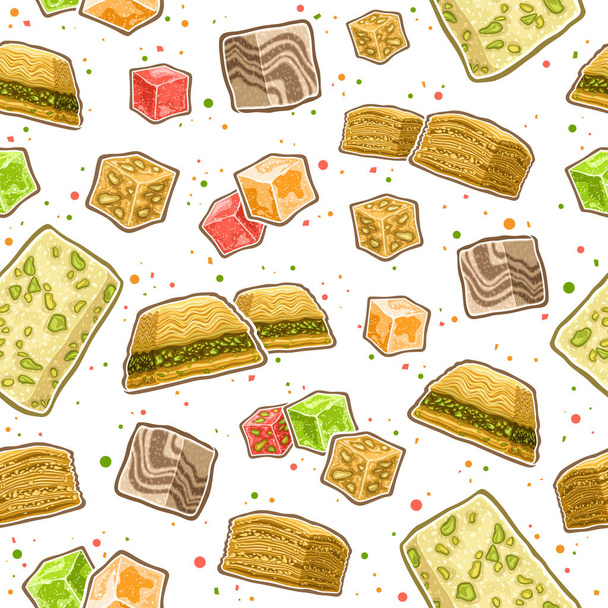 Vector Turkish Sweets seamless pattern, square repeating background with set of cut out illustrations variety lebanese sweet rahat lokum in cubes shape, traditional turkish baklava on white background - Vector, Image