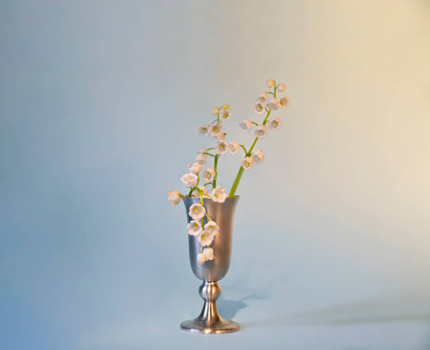 Lily z údolí květiny ve stříbrné sklenici na namodralém pozadí - Fotografie, Obrázek