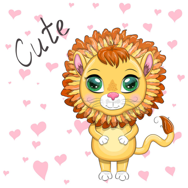 Cartoon lion with expressive eyes. Wild animals, character, childish cute style. - Vektör, Görsel