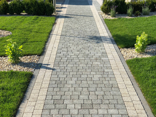 Garden stone path with green plants, brick sidewalk at daytime  - Photo, Image