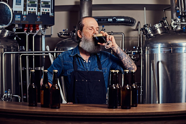Starší muž se zástěrou ochutnávající pivo v moderním pivovaru - Fotografie, Obrázek