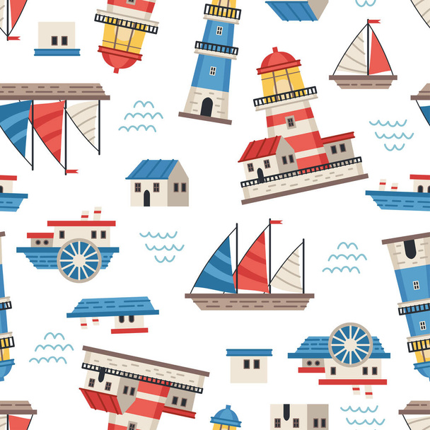 Lighthouses with searchlight, marine theme vector flat style seamless pattern - Vector, Image