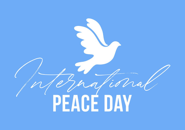 Vektorillustration der fliegenden Vogeltaube als Symbol des Friedens. Schriftzug zum Weltfriedenstag. - Vektor, Bild