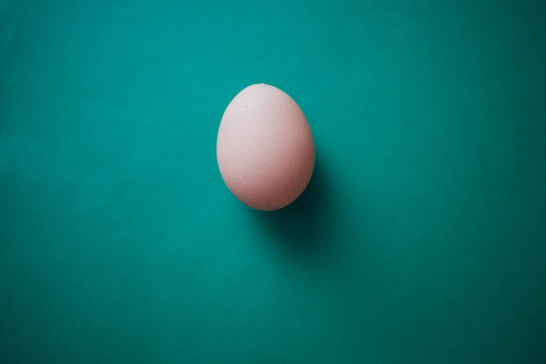 Raw egg on green background. Design, visual art, minimalism - Foto, Imagem
