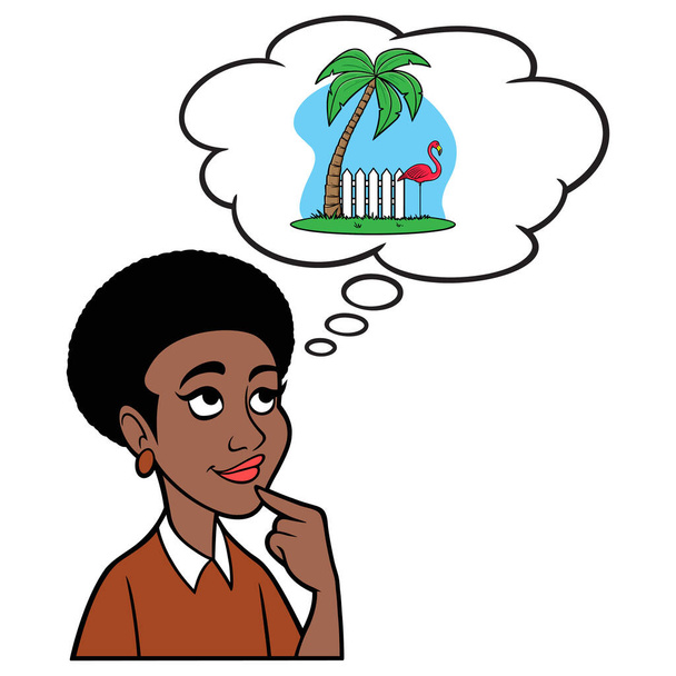 Czarna kobieta myśląca o emeryturze - ilustracja z kreskówki Czarna kobieta myśląca o planowaniu emerytury na Florydzie. - Wektor, obraz
