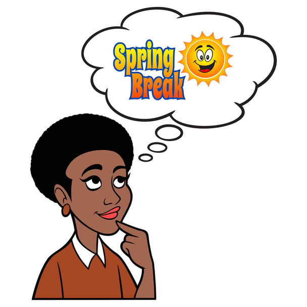 Black Woman thinking about Spring Break - A cartoon illustration of a Black Woman thinking about Spring Break vacation. - Vector, Image