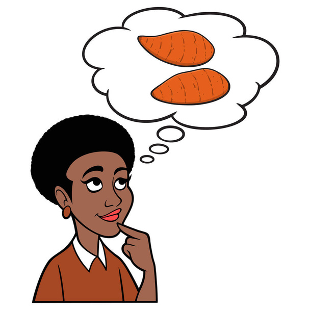 Mulher Negra pensando em Batatas Doce - Uma ilustração dos desenhos animados de uma mulher negra pensando em Batatas Doce. - Vetor, Imagem