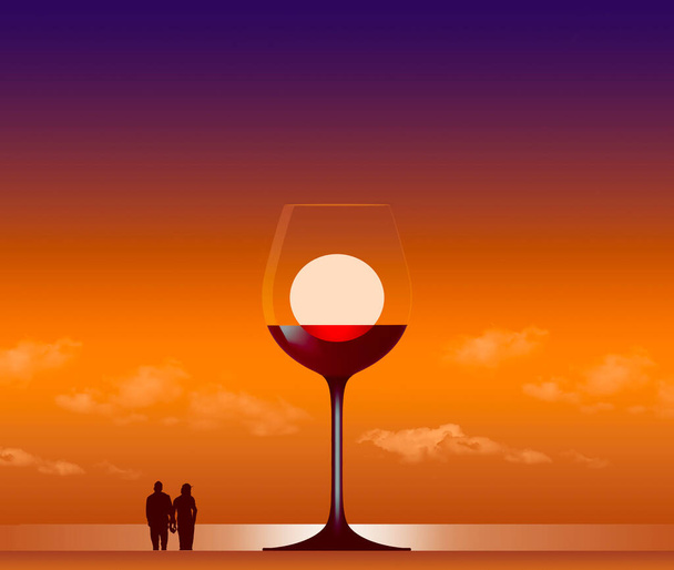 Auringonlasku yli valtameren näkyy lasi punaviiniä tässä 3-d kuva. - Valokuva, kuva