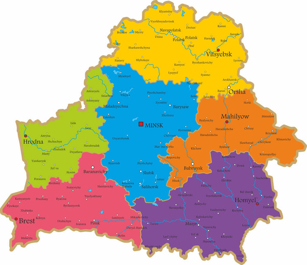Mapa administrativo a cores vetorial da República da Bielorrússia. O território do estado com grandes cidades e fronteiras de regiões. - Vetor, Imagem