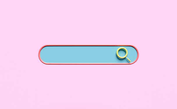 barra de búsqueda azul en blanco con lupa aislada sobre fondo rosa. motor de búsqueda web mínimo o concepto de navegación web, ilustración 3d o renderizado 3d - Foto, Imagen