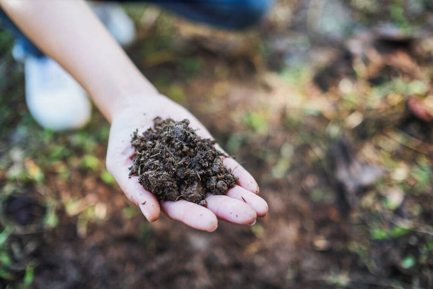 Closeup image of a woman holding and showing arable soil in hand - Foto, Bild