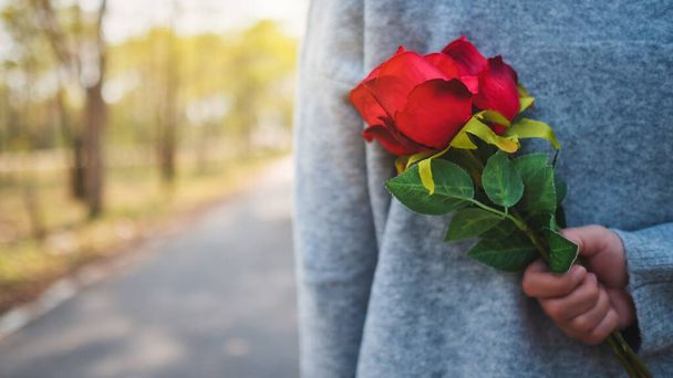 A woman holding and hiding red roses bouquet on her back  - Photo, Image