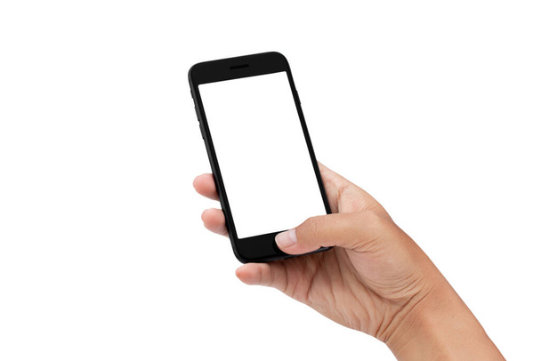 Hand hält Smartphone isoliert auf weißem Hintergrund - Pfade ausschneiden - Foto, Bild