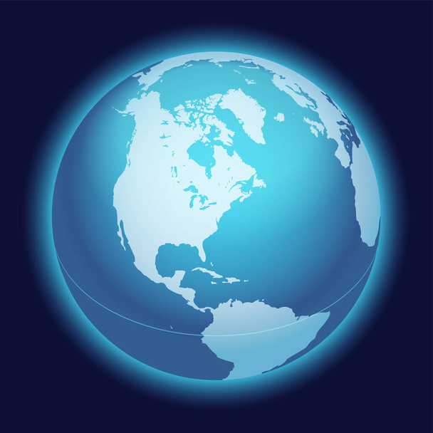 Vector World Globe Map. North America Centered Map. Blue Planet Sphere Icon On A Dark Background. - Vector, Image