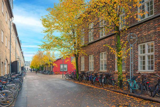 mała brukowana ulica ze starymi drewnianymi i murowanymi domami i rowerami, które pasują do jej krawędzi. Kopenhaga - Zdjęcie, obraz