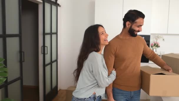Sweet home, moving to new apartment, married couple is relocation in own flat concept - Imágenes, Vídeo