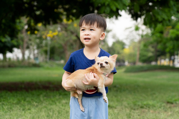 Kis ázsiai fiú boldog egy Chihuahua kutya a parkban, Gyermekek és kisállat, Aranyos barátok szeretettel átölelte - Fotó, kép