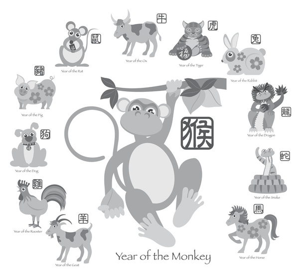 Chinese New Year Monkey with Twelve Zodiacs Vector Illustration - Vector, Image