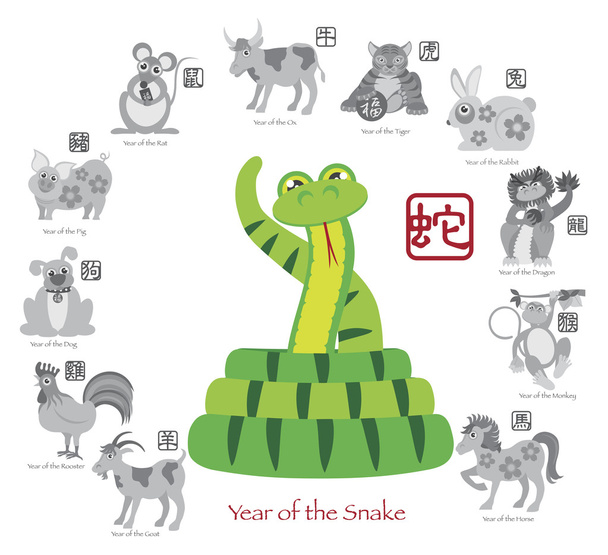 Čínský Nový rok hada barvy s dvanácti zvěrokruhy vektorové ilustrace - Vektor, obrázek