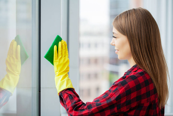 felice giovane donna casalinga lava una finestra
 - Foto, immagini