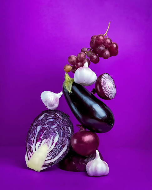 still life. fresh vegetables and fruits. Levitation   - Фото, изображение