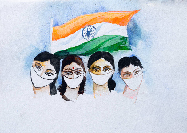 Cuatro mujeres indias con máscaras en la cara con bandera india ondeando en el fondo. Ilustración en acuarela de la lucha de las mujeres indias contra el virus corona. - Foto, imagen