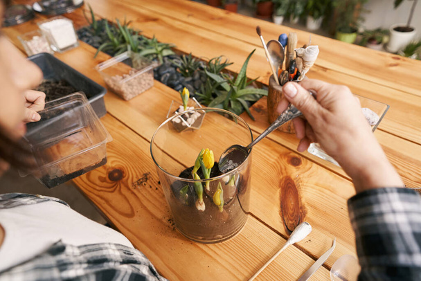Lady working in workshop , planting flowers with spoon - Foto, Imagem