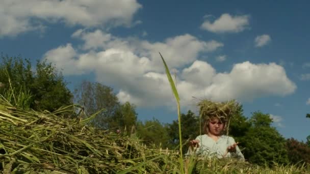 Fille blonde d'un fermier tisse une couronne de paille
 - Séquence, vidéo