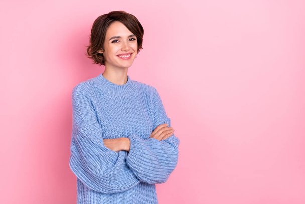 Portrait of stunning friendly girl folded hands toothy smile look camera isolated on pink color background - Valokuva, kuva