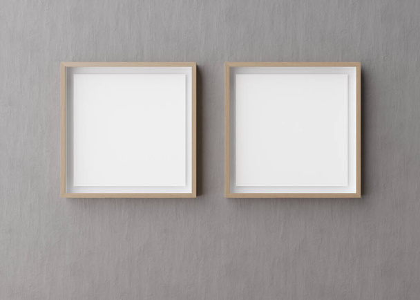 Dos marcos cuadrados en blanco colgando de la pared de hormigón gris. Plantilla, maqueta para tu foto o póster. Copiar espacio. Renderizado 3D. - Foto, imagen