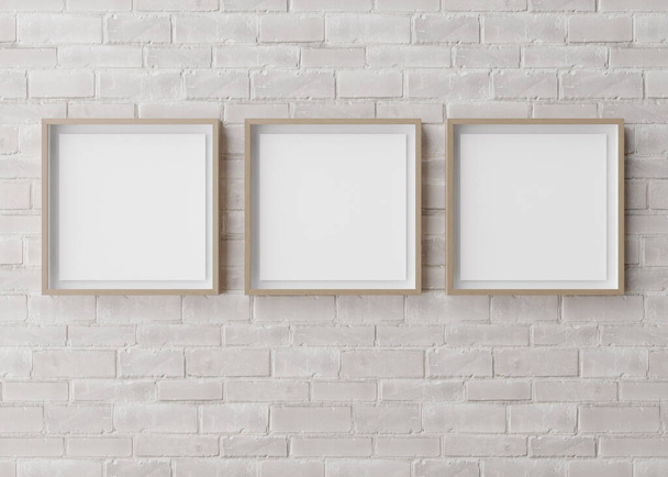 Tres marcos cuadrados en blanco colgando de la pared de ladrillo blanco. Plantilla, maqueta para tu foto o póster. Copiar espacio. Renderizado 3D. - Foto, imagen