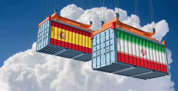 イランとスペインの国旗の貨物コンテナ。3Dレンダリング - 写真・画像