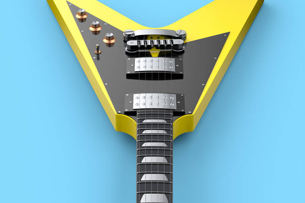 Крупный план Электрическая акустическая гитара изолированы на синем фоне. 3D визуализация концепции постера рок-фестиваля с хэви-метал гитарой для музыкального магазина - Фото, изображение