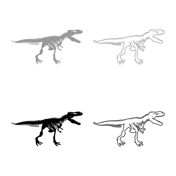 恐竜の骨格tyrannosaurus rexの骨のシルエットセットアイコングレーブラックカラーベクトルイラスト画像シンプルなソリッドフィルアウトライン輪郭線細いフラットスタイル - ベクター画像