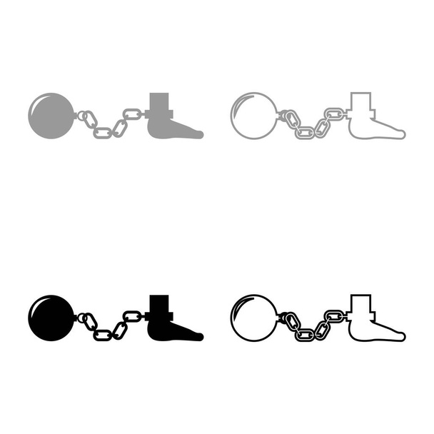 Ball and chain attached foot Silhouette pulling weights Leg with cargo Punishment set icon grey black color vector illustration image simple solid fill outline contour line thin flat style - Vector, Image