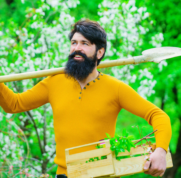 Smiling man preparing to planting. Gardener with gardening spade or shovel. Spring Work in garden. - Photo, Image