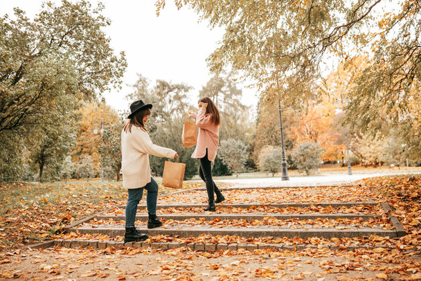 Zwei enge Freundinnen, Frauen, die im Park des goldenen Herbstes spazieren gehen, Treppen. Einkaufstag, Einkauf in ökologischen Textiltaschen - Foto, Bild