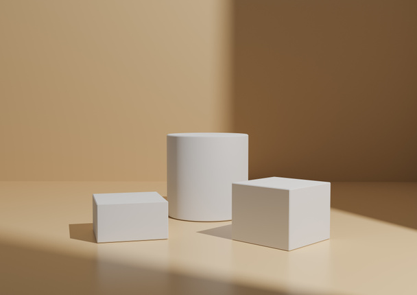 Simple Minimal Three White Podium or Stand Composition for Product Display. Geometric form 3D Rendering Pastel Orange Background with Window Light From Right Side. - Foto, immagini