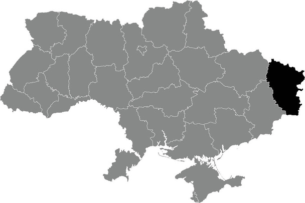 Black flat blank highlighted locator map of the Ukrainian administrative area of LUHANSK OBLAST inside gray flat map of UKRAINE - Vector, Image