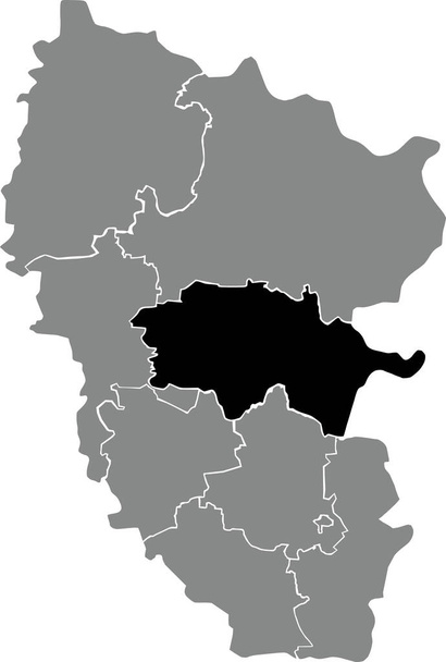 Black flat blank highlighted location map of the SHCHASTIA RAION inside gray raions map of the Ukrainian administrative area of Luhansk Oblast, Ukraine - Vector, Image