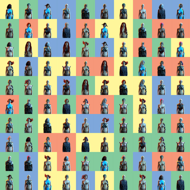 женские фигуры в квадрате. 3d иллюстрация многих различных женских персонажей. Набор женских персонажей - Фото, изображение
