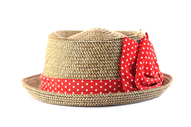 Pretty straw hat with flower on white background - Photo, Image