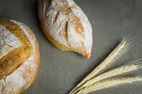 Beautiful Sourdough bread on gray background with dried wheat flower. - Foto, Bild